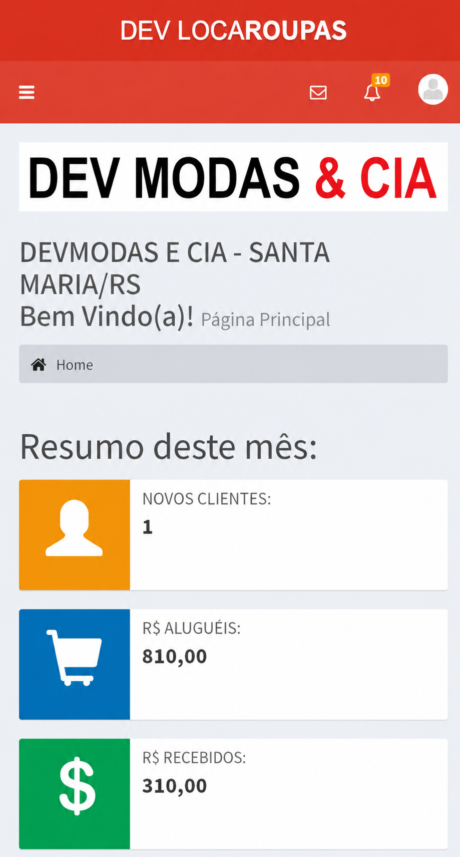 LocaRoupas aberto no celular mostrando o resumo do mês